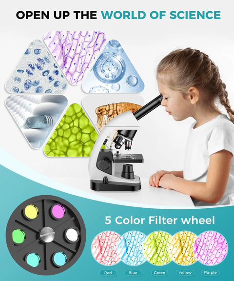 Biological Compound Microscope 100X To 2000X With Phone Adapter Black Model For Adults Students And Kids Kid Friendly Pro Grade Lab Teaching Instrument Includes Complete Slides Set For Classroom And Home Labs. Child using black compound microscope with 5-color filter wheel