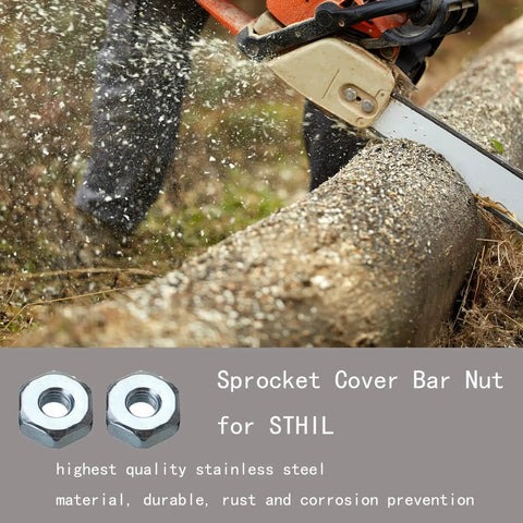 Chainsaw cutting wood with inset of two sprocket cover bar nuts for MS series, Six Pack Chainsaw Sprocket Cover And Bar Nut Pro Grade Replacement Kit.