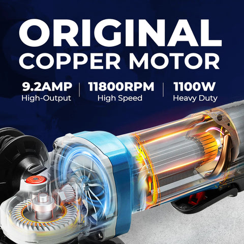 Corded angle grinder with blue housing, 4-1/2 in disc, 9.2A, 11800 RPM, paddle switch and guard