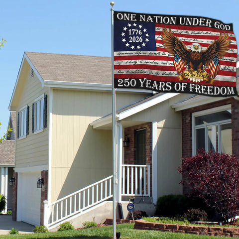 Patriotic 250th Anniversary USA Flag 3x5 Ft Double Sided Outdoor Banner flying outside a suburban home