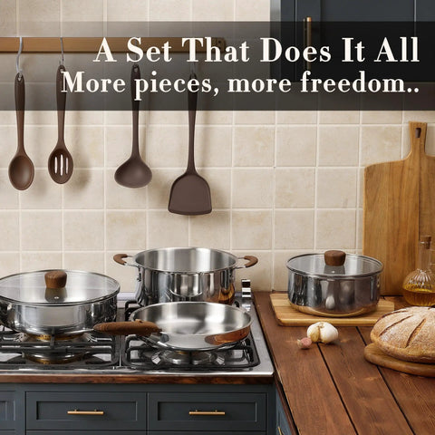 Detachable Handle Stainless Steel Cookware Set for Induction with 19 Piece Tri Ply Full Clad Pots and Pans on kitchen stove