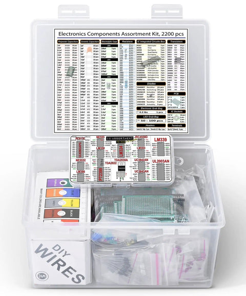 Open Components Assortment Kit Grab Bag For Electronics Hobbyists With ICs Opamps Resistors Polyester Capacitors LEDs PCBs.