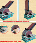 Heavy Hitter Belt Disc Sander With Stand Adjustable Angle Bench Grinder 1200W Motor showcasing adjustable sanding angles and table.