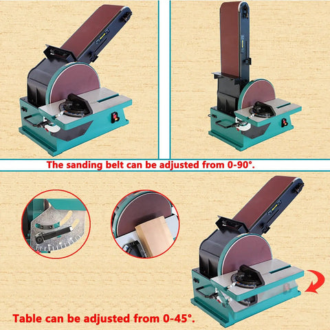 Heavy Hitter Belt Disc Sander With Stand Adjustable Angle Bench Grinder 1200W Motor showcasing adjustable sanding angles and table.