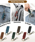 Dope Genuine Leather Keychain For Cars And Everyday Keys, Universal Key Fob Holder With Heavy Duty Carabiner Clip, showing key fobs attached to pants and backpack.