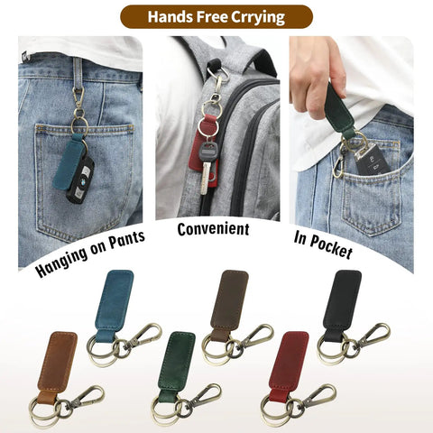 Dope Genuine Leather Keychain For Cars And Everyday Keys, Universal Key Fob Holder With Heavy Duty Carabiner Clip, showing key fobs attached to pants and backpack.
