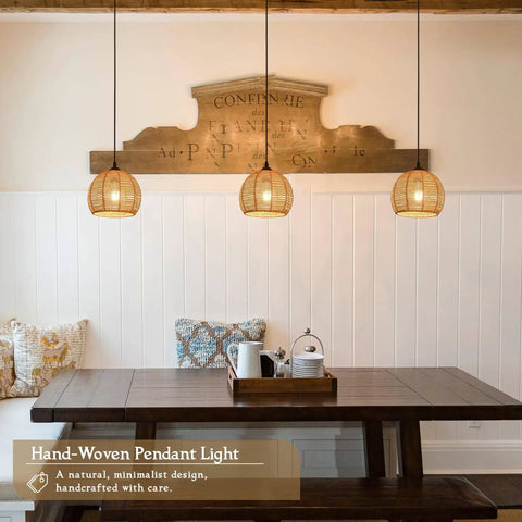 Top Tier Hand Woven Wicker Pendant Lights Trio Boasts A Natural Rattan Dome Shell With Long Adjustable Wires And Ready To Use Bulbs in dining space.