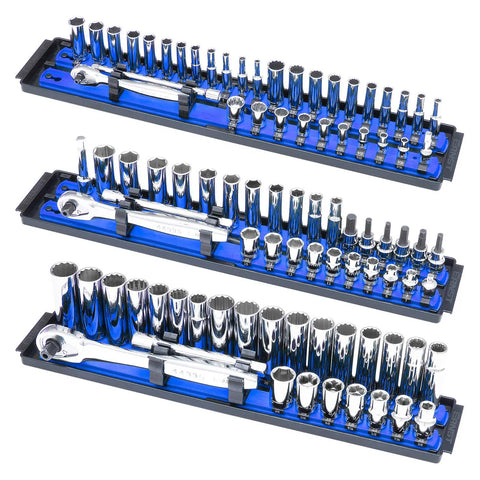 Socket Boss 3 Pack Socket Rail Organizers In Blue For 90 Sockets And 6 Rails With Twist Lock Clips shown with sockets