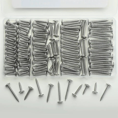 Heavy Duty Stainless Steel 156 Piece Screw Assortment Kit featuring self tapping Phillips modified truss heads in a clear storage box.