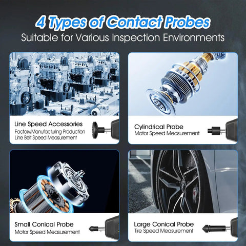 4 types of contact probes for the No Sweat Heavy Duty 2 In 1 Digital Rpm Tachometer Gauge for engine and motor speed.