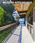 Deck featuring durable iron deck balusters 32.25 inch black spindles, modern outdoor look with warp-proof rust-resistant metal railing.