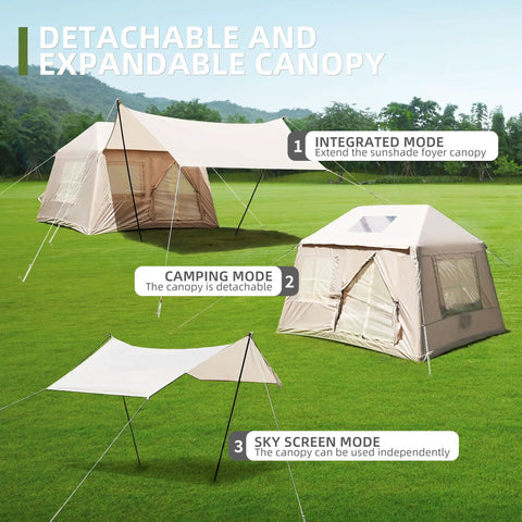 Inflatable Camping Tent With Detachable Top For All Season Weatherproof Outdoor Shelter Built For Stargazing And Night Sky Watching in various modes.