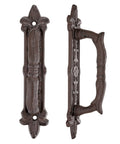 Heavy Duty 8.9 Inch Barn Door Handles 2 Pack in rust color cast iron with vintage look, front and side view
