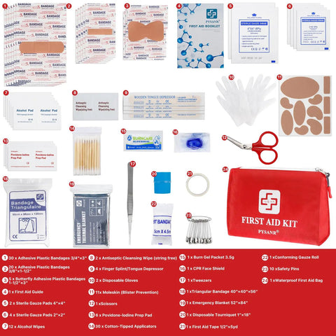 Compact 150 Piece First Aid Kit with foil blanket, scissors, emergency items in a red waterproof bag for travel and home use.