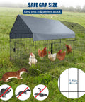 All Weather Heavy Duty Outdoor Chicken Coop With Waterproof Cover 86 Inch Long 40 Inch Wide 40 Inch High Metal Poultry Run showing safe gap size for predator prevention with chickens inside on grass.