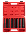 Beefy One Half Inch Drive Impact Socket Set, Extra Long Deep, Eight-Piece, SAE, From One Half To Fifteen Sixteenths in red case