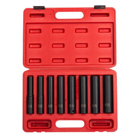 Beefy One Half Inch Drive Impact Socket Set, Extra Long Deep, Eight-Piece, SAE, From One Half To Fifteen Sixteenths in red case