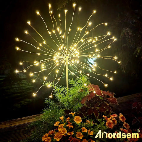Solar Garden Lights Outdoor With Bendable Copper Wire And 120 LED Firework Beads, Warm White IP65 Waterproof Starburst Vibe Decor