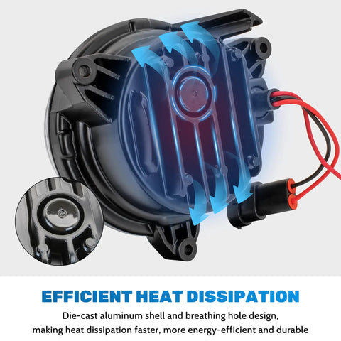 LED Low Beam Headlights With Halo Ring DRL For Can Am Outlander 2012-2022 showing die-cast aluminum shell and blue heat dissipation arrows
