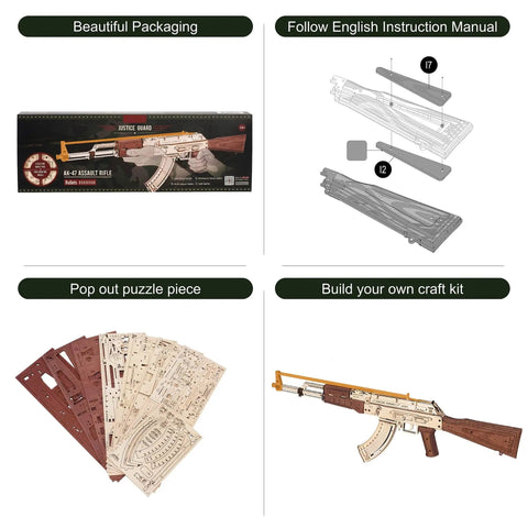 Dope 3D Wooden Puzzle Kit For Adults, DIY Rubber Band Gun Build, box, instructions, and assembled wooden pieces displayed