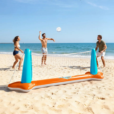 Inflatable Pool Volleyball And Basketball Game Set With Net And Hoops, 2 In 1 Floating Pool Toy For Kids And Adults on beach