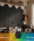 Hustle Free Peel And Stick Hexagon Acoustic Panels Self Adhesive Sound Deadening Foam Tiles on wall with guitar, 12 Pack Black.