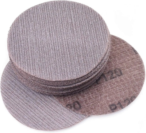 Get Your Hands On 30pcs Of The Dopest 5 Inch Mesh Sanding Discs With Hook Loop Back That Stay Cool And Clog-Free For Super Smooth Dust Free Grinding Plus Polishing Jobs At A Sweet 180grit Speed - close-up of stack of brown mesh sanding discs.