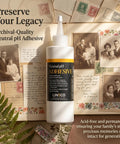 Neutral pH All Purpose Glue For Book Binding And Crafts, 8 Oz, Acid Free Adhesive Dries Clear And Flexible, Remoistenable With Water bottle on a vintage scrapbook background