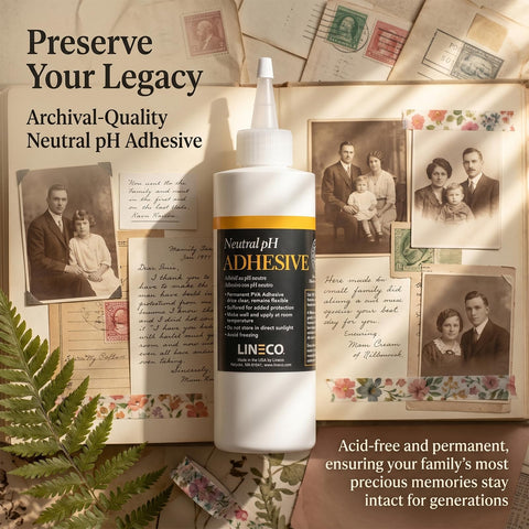 Neutral pH All Purpose Glue For Book Binding And Crafts, 8 Oz, Acid Free Adhesive Dries Clear And Flexible, Remoistenable With Water bottle on a vintage scrapbook background