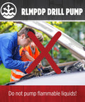 Warning not to use Drill Powered Transfer Pump For Quick Liquid Moves, 154 GPH Black with flammable liquids, shown over car engine
