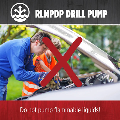 Warning not to use Drill Powered Transfer Pump For Quick Liquid Moves, 154 GPH Black with flammable liquids, shown over car engine