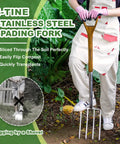 Person using Heavy Duty 4-Tine Stainless Steel Spading Fork With 43.9 Inch Ergonomic D Handle Garden Fork in a garden.