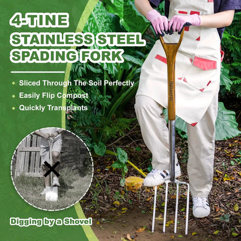 Person using Heavy Duty 4-Tine Stainless Steel Spading Fork With 43.9 Inch Ergonomic D Handle Garden Fork in a garden.