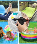 Inflatable Air Pump For Beds And Pools, Fast Electric Pump with deflate function shown inflating air mattress and pool toys