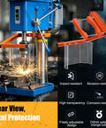 Heavy Duty Drill Press Guard For Big Floor Models with clear safety shield, sparks flying from drill, OSHA compliant orange frame