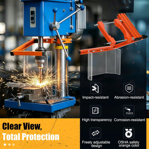 Heavy Duty Drill Press Guard For Big Floor Models with clear safety shield, sparks flying from drill, OSHA compliant orange frame