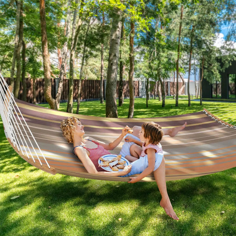 11 Ft Quick Dry Hammock With Folding Curved Bamboo Spreader Bar, Totally Portable Outdoor Hammock For Camping, Patio Or Beach, Water Resistant And UV Resistant, Two Person Comfort, 77 In By 55 In, 450 Lb Capacity