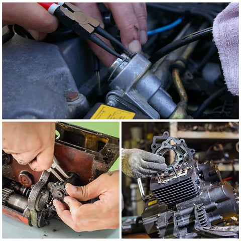 Three images showing machinery repairs using 200 Pcs E Clip Circlip External Retaining Rings Kit with ten sizes M1.5 to M10 in 65Mn carbon steel.