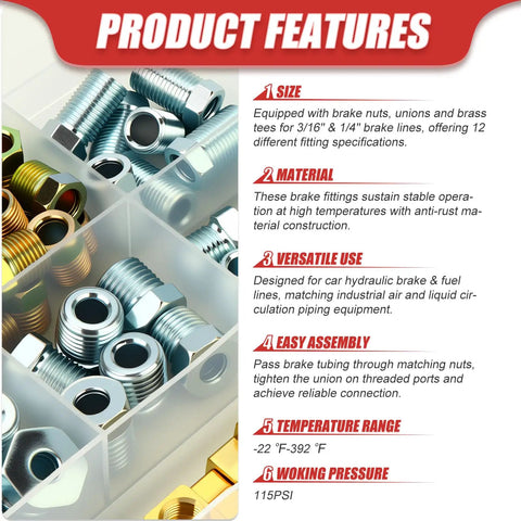 Get Your Ride Rocking With This Ultimate 104Pcs Brake Line Fittings Kit Featuring High Temp Brass Nuts Unions And Tees For 3/16 Inch 1/4 Inch Lines That Last A Lifetime Without Rust Or Leaks. brass brake line fittings kit in organizer, 3/16 and 1/4 inch nuts and unions