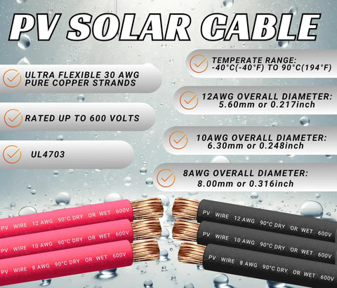 Heavy Duty 10 AWG PV Solar Extension Cable Pair, 15 Ft Black and Red, UL4703 600V, Pure Copper Conductors, Solar Panel Wire