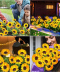 Collage showing 9 Sunflower Solar Garden Lights Outdoor Set Waterproof Auto On Off Solar Decorative Lights For Yard Patio Backyard upgrade.