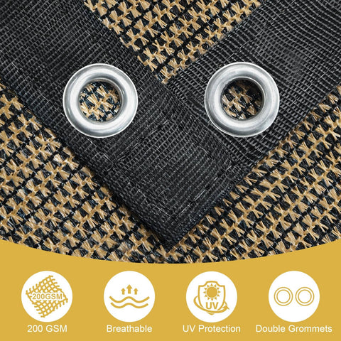Close-up of double grommets on Custom 90 Percent Sun Shade Cloth With Grommets 8 By 12 Foot Pergola Shade Cover Mesh Tarp in mocha.