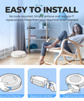 Woman in living room with Roomba, diagram shows steps to replace filters in Top Rated High Efficiency Vacuum Filter Replacement Kit For Roomba I E J Series Must Have With I7 I7 Plus I3 I3 Plus I4 I4 Plus I6 I6 Plus I8 I8 Plus E5 E6 E7 Includes Cleaning Brush 6 Pack.