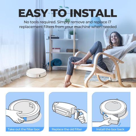 Woman in living room with Roomba, diagram shows steps to replace filters in Top Rated High Efficiency Vacuum Filter Replacement Kit For Roomba I E J Series Must Have With I7 I7 Plus I3 I3 Plus I4 I4 Plus I6 I6 Plus I8 I8 Plus E5 E6 E7 Includes Cleaning Brush 6 Pack.