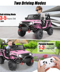 Child in pink 24V Ride On Car For Kids With Remote Control And LED Lights Off Road Battery Powered Truck 1 seater, two driving modes.