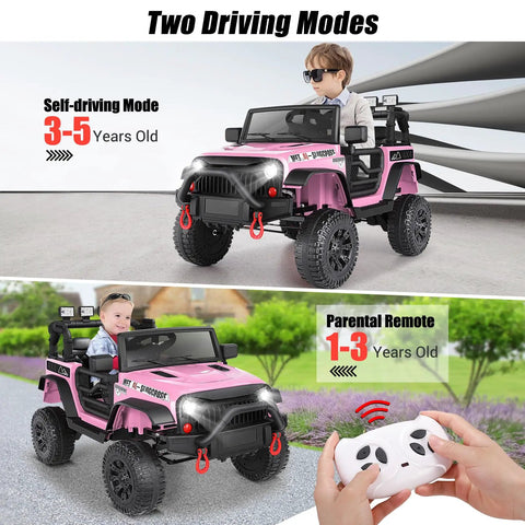 Child in pink 24V Ride On Car For Kids With Remote Control And LED Lights Off Road Battery Powered Truck 1 seater, two driving modes.