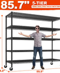 Heavy Duty Garage Shelving Unit With Wheels And Adjustable Feet, Five Tier Steel Wire Storage Rack, 2998 Lb Capacity, 85.7 Inch Tall, Built Tough For Tools And Gear Organization, 55.5 x 24.2 in