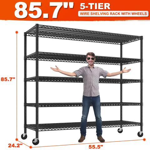 Heavy Duty Garage Shelving Unit With Wheels And Adjustable Feet, Five Tier Steel Wire Storage Rack, 2998 Lb Capacity, 85.7 Inch Tall, Built Tough For Tools And Gear Organization, 55.5 x 24.2 in
