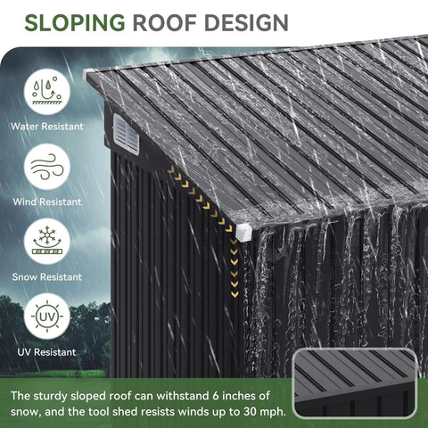 Sloped roof of Triple Door Outdoor Storage Shed With Lockable Doors 7.5 By 4 Foot Steel Backyard Cabinet, water running off edges