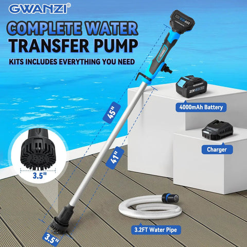 Cordless Stick Water Pump Moves 720 GPH With No Sweat, Delivers 32 Ft Lift Power, Includes 4000mAh 21V Battery And Fast Charger, 3/4 Inch Connection, Solid Choice For Vacuuming Pools, Spas, And Yachts On-site, Toss The Extension Cord And Go. Complete water transfer pump kit with 3.5 inch nozzle, aluminum rod, 4000mAh battery, and 3.2FT water pipe.